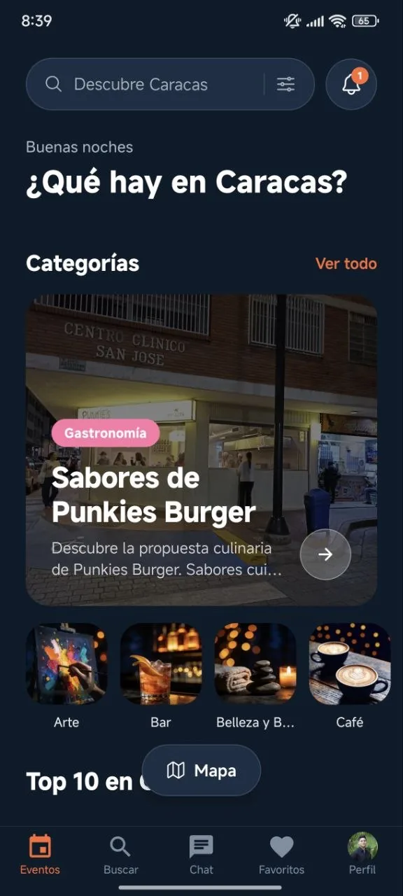 Pantalla de descubrir eventos en Caracas